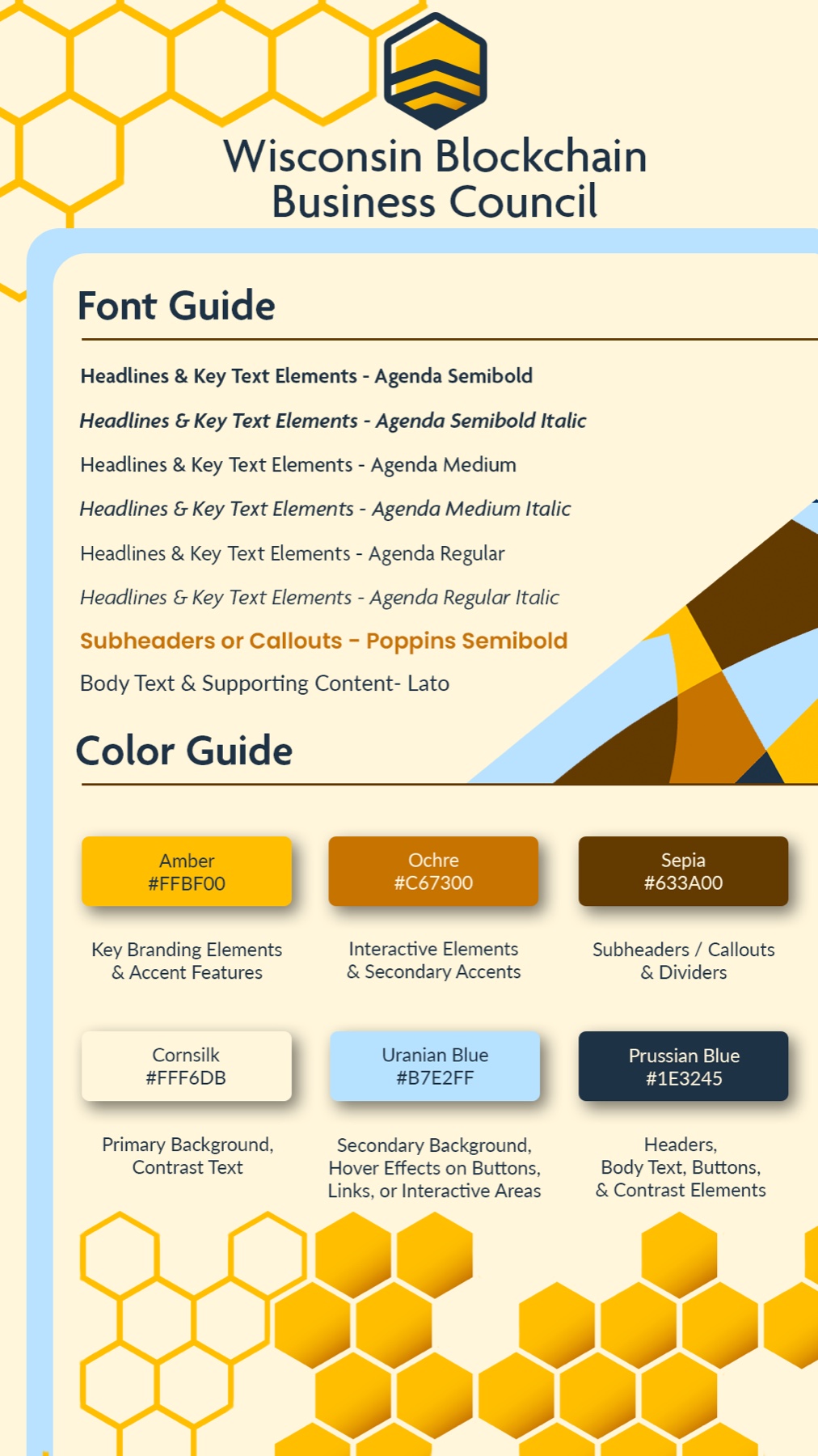 WBBC brand board — typography (Agenda, Poppins, Lato) and color system